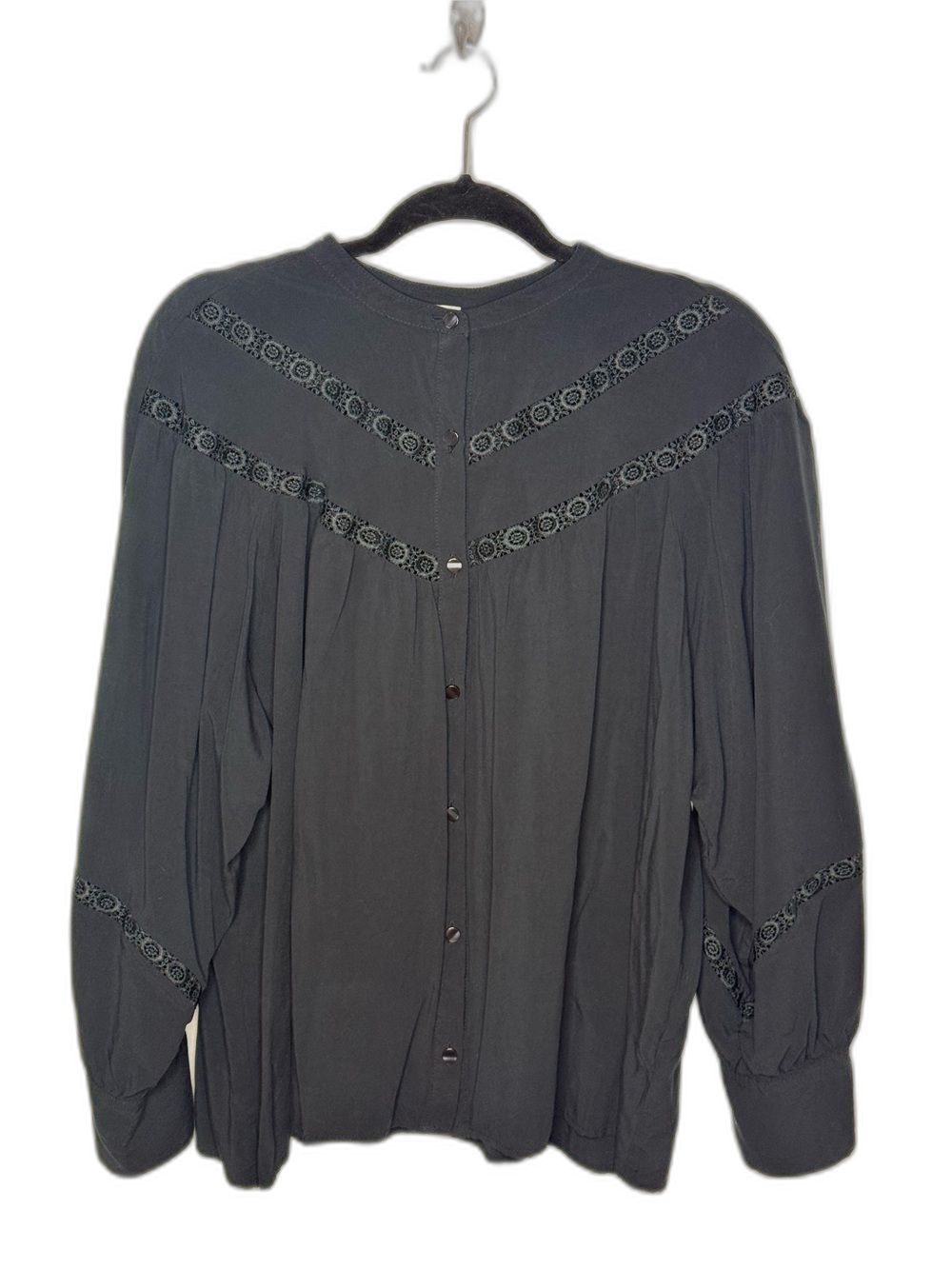 Joie Charcoal Black Lace Inset Boho Button Front Long Sleeve Blouse XL NWOT
